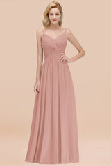Chic V-Neck Pleated Backless Bridesmaid Dresses with Spaghetti Straps-Babyonlines