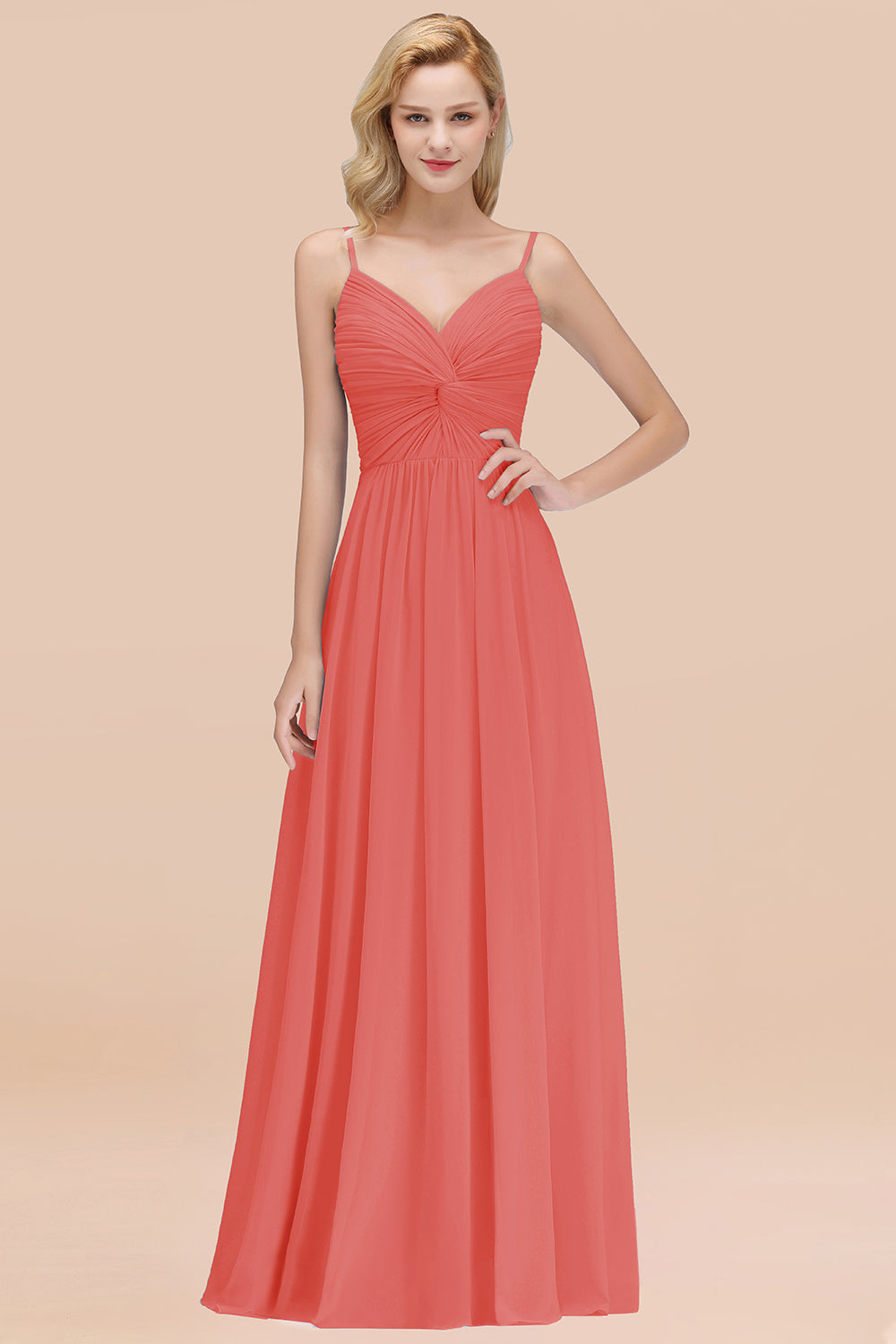 Chic V-Neck Pleated Backless Bridesmaid Dresses with Spaghetti Straps-Babyonlines