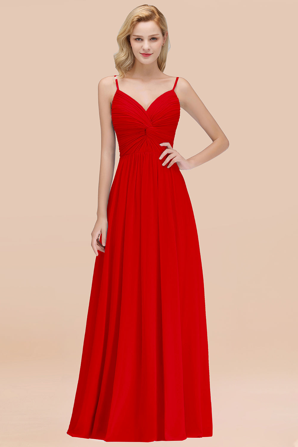 Chic V-Neck Pleated Backless Bridesmaid Dresses with Spaghetti Straps-Babyonlines
