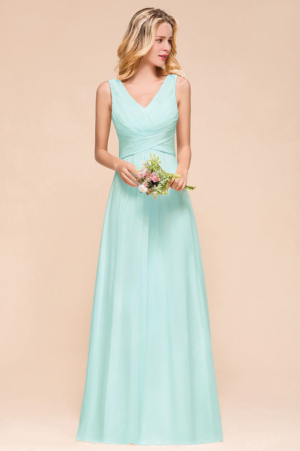 Chic V-Neck Sleeveless Mint Green Bridesmaid Dresses with Ruffle-Babyonlines