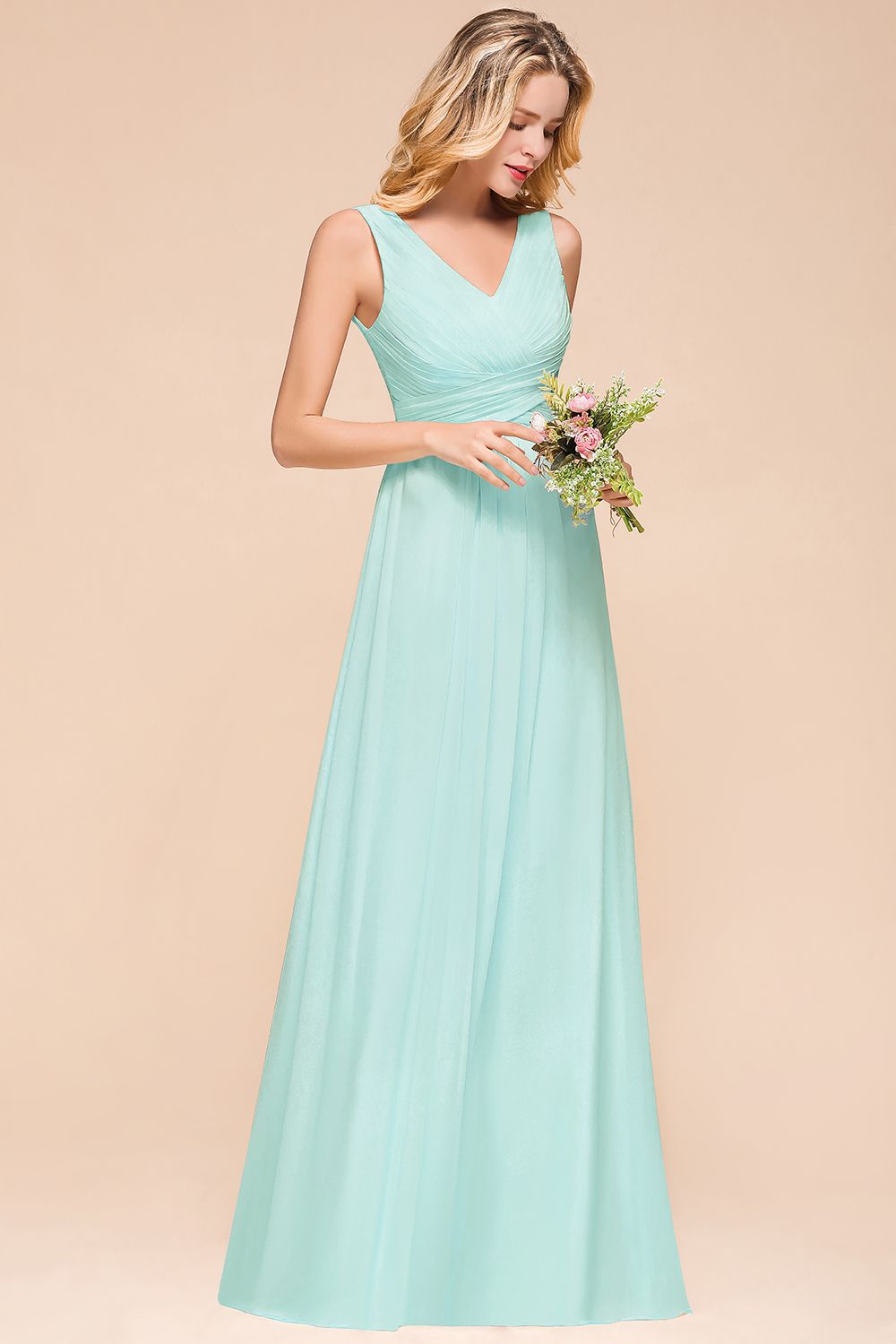 Chic V-Neck Sleeveless Mint Green Bridesmaid Dresses with Ruffle-Babyonlines