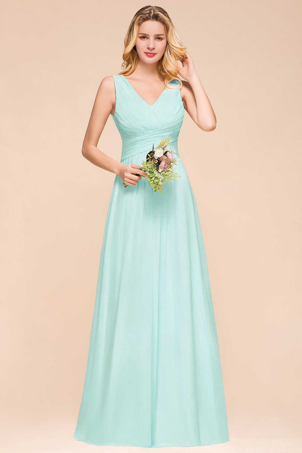 Chic V-Neck Sleeveless Mint Green Bridesmaid Dresses with Ruffle-Babyonlines