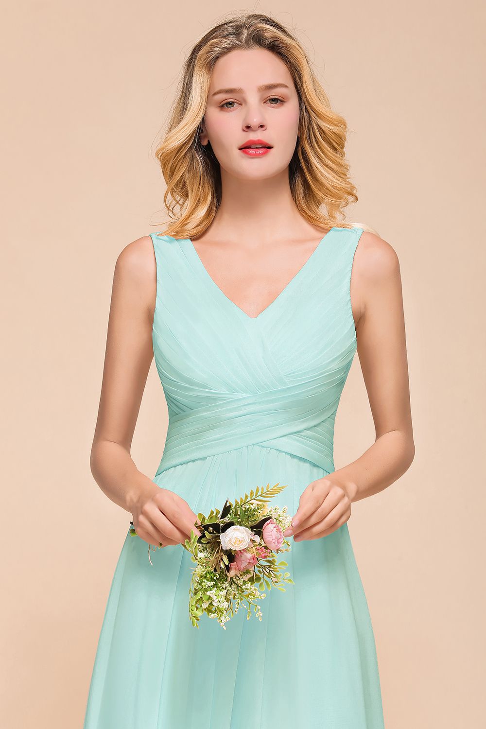 Chic V-Neck Sleeveless Mint Green Bridesmaid Dresses with Ruffle-Babyonlines