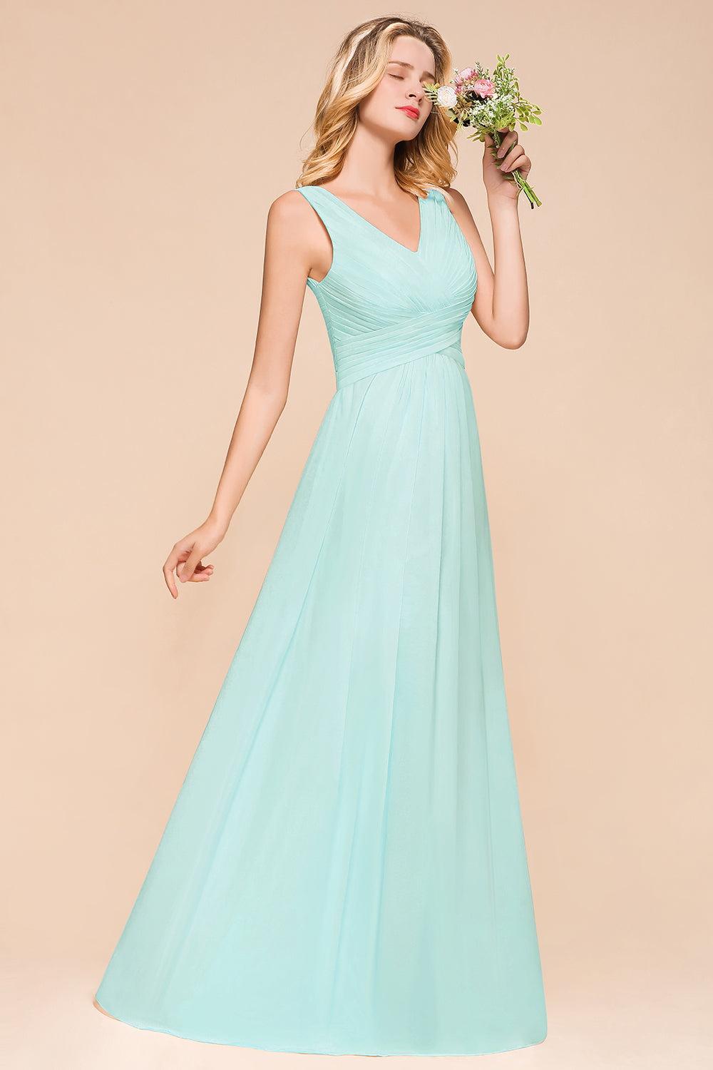 Chic V-Neck Sleeveless Mint Green Bridesmaid Dresses with Ruffle-Babyonlines