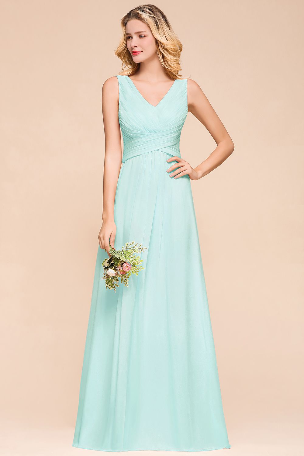 Chic V-Neck Sleeveless Mint Green Bridesmaid Dresses with Ruffle-Babyonlines