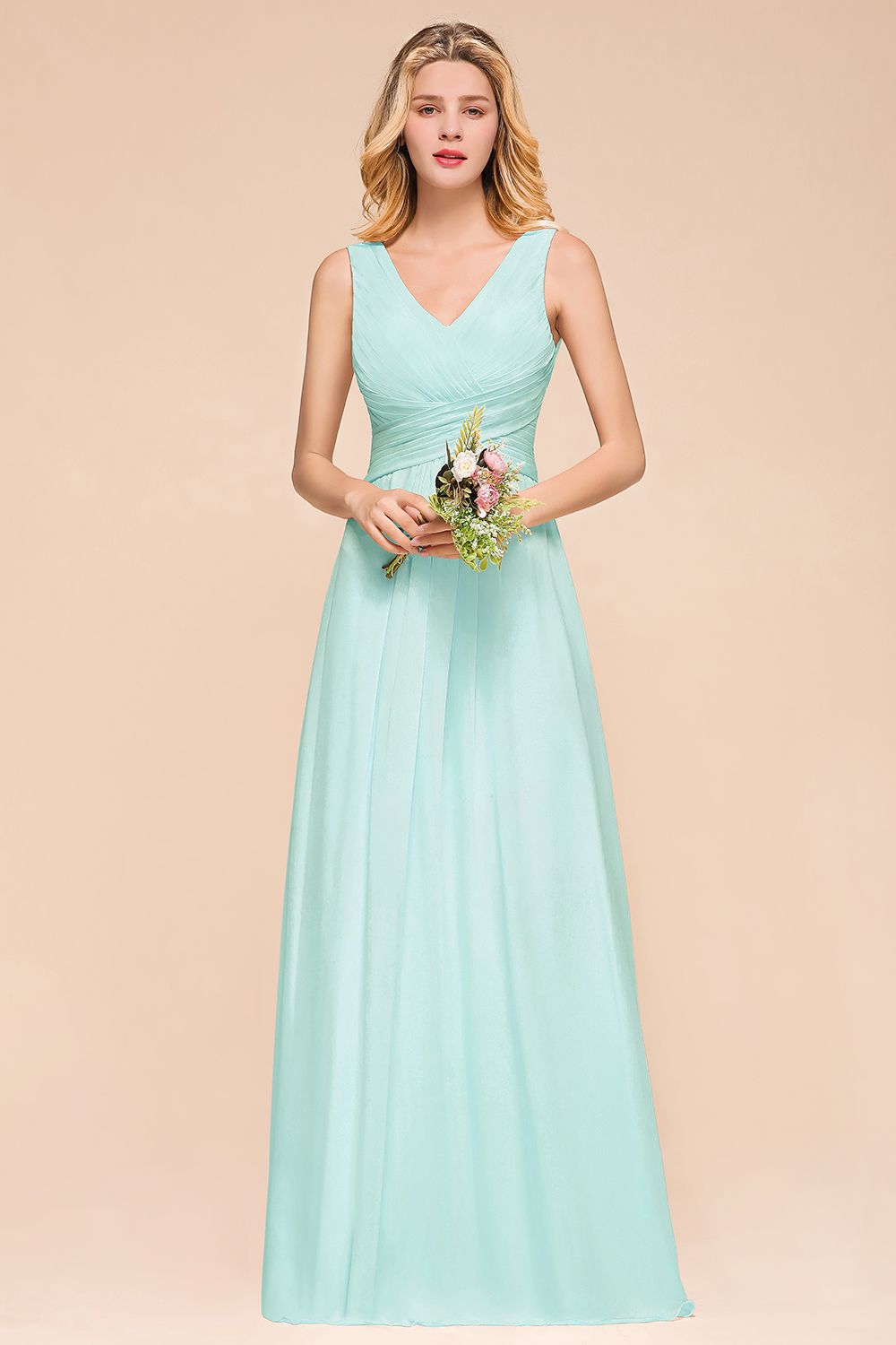 Chic V-Neck Sleeveless Mint Green Bridesmaid Dresses with Ruffle-Babyonlines