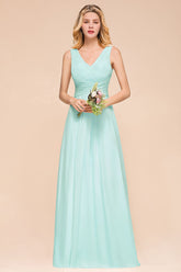 Chic V-Neck Sleeveless Mint Green Bridesmaid Dresses with Ruffle-Babyonlines