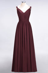 Chic V-Neck Straps Ruffle Burgundy Bridesmaid Dresses with Bow Sash-Babyonlines