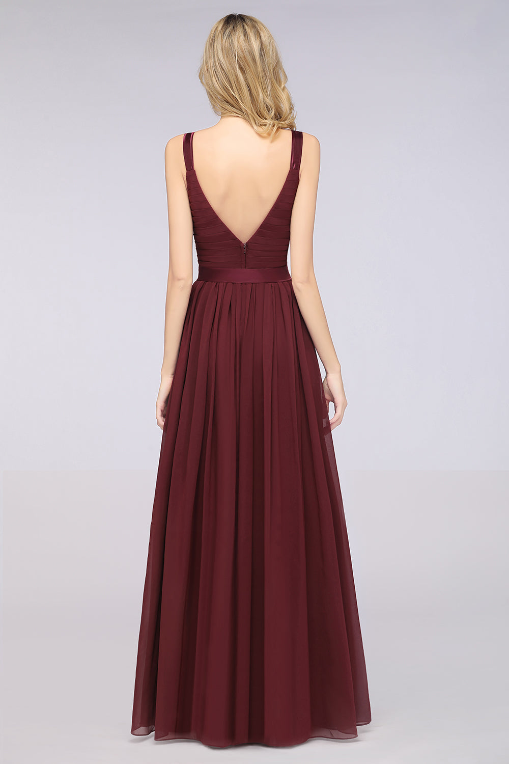 Chic V-Neck Straps Ruffle Burgundy Bridesmaid Dresses with Bow Sash-Babyonlines
