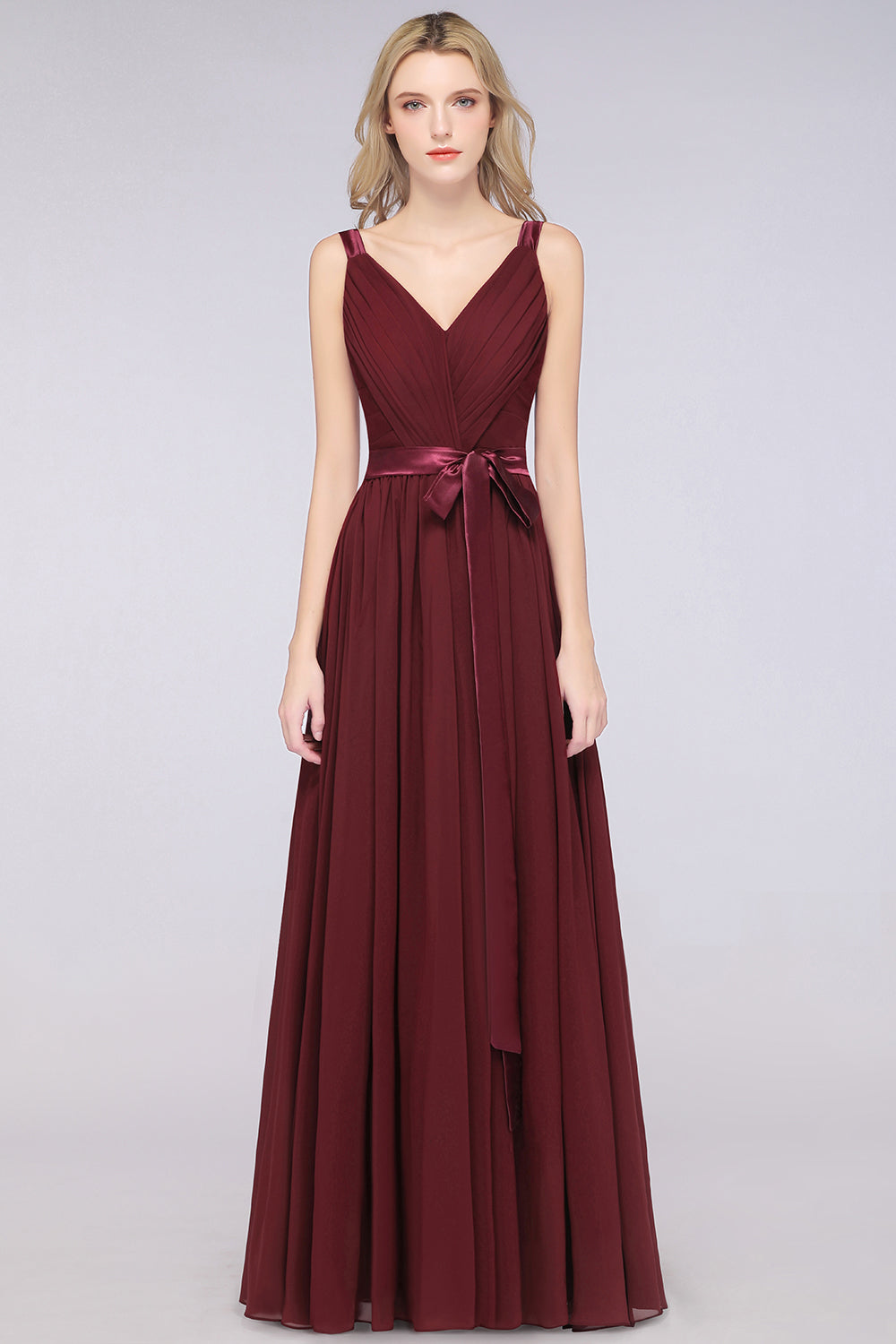 Chic V-Neck Straps Ruffle Burgundy Bridesmaid Dresses with Bow Sash-Babyonlines