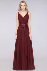 Chic V-Neck Straps Ruffle Burgundy Bridesmaid Dresses with Bow Sash-Babyonlines