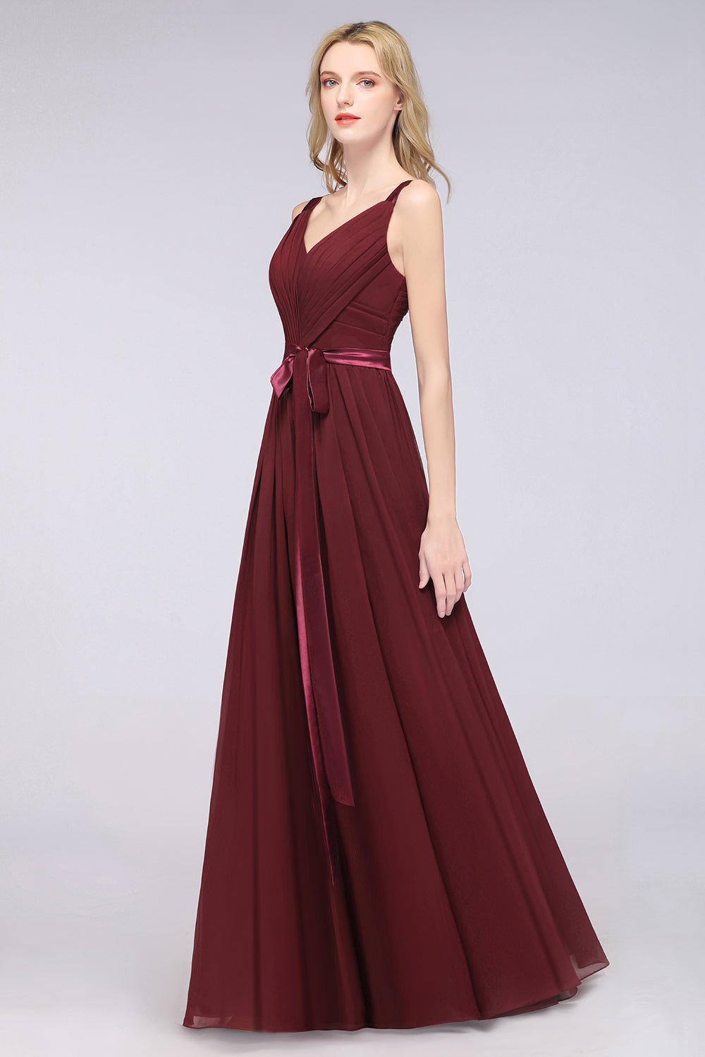 Chic V-Neck Straps Ruffle Burgundy Bridesmaid Dresses with Bow Sash-Babyonlines