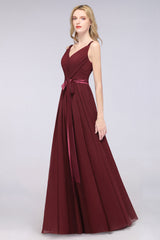 Chic V-Neck Straps Ruffle Burgundy Bridesmaid Dresses with Bow Sash-Babyonlines
