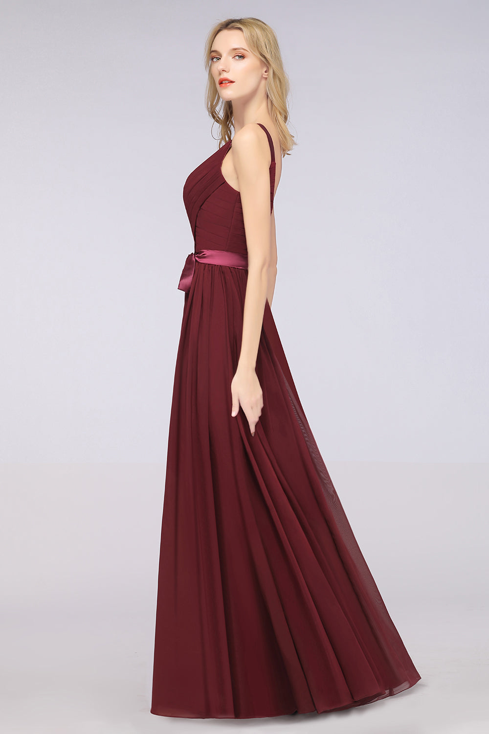 Chic V-Neck Straps Ruffle Burgundy Bridesmaid Dresses with Bow Sash-Babyonlines
