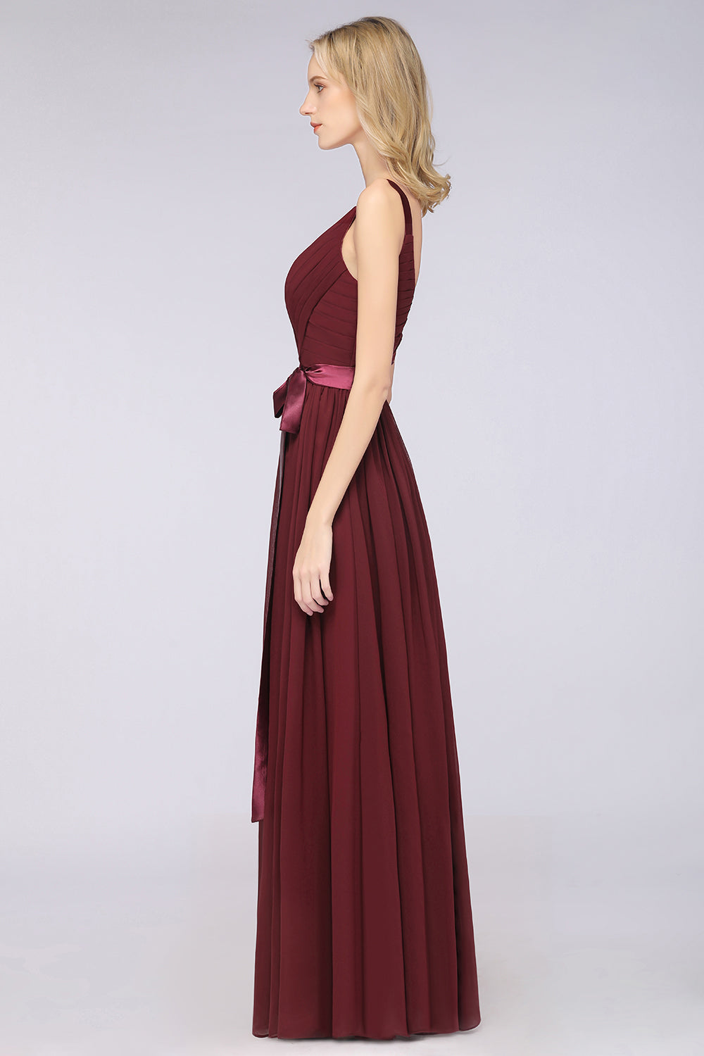 Chic V-Neck Straps Ruffle Burgundy Bridesmaid Dresses with Bow Sash-Babyonlines