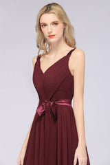 Chic V-Neck Straps Ruffle Burgundy Bridesmaid Dresses with Bow Sash-Babyonlines