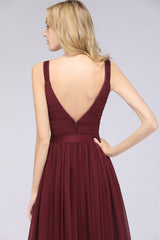 Chic V-Neck Straps Ruffle Burgundy Bridesmaid Dresses with Bow Sash-Babyonlines