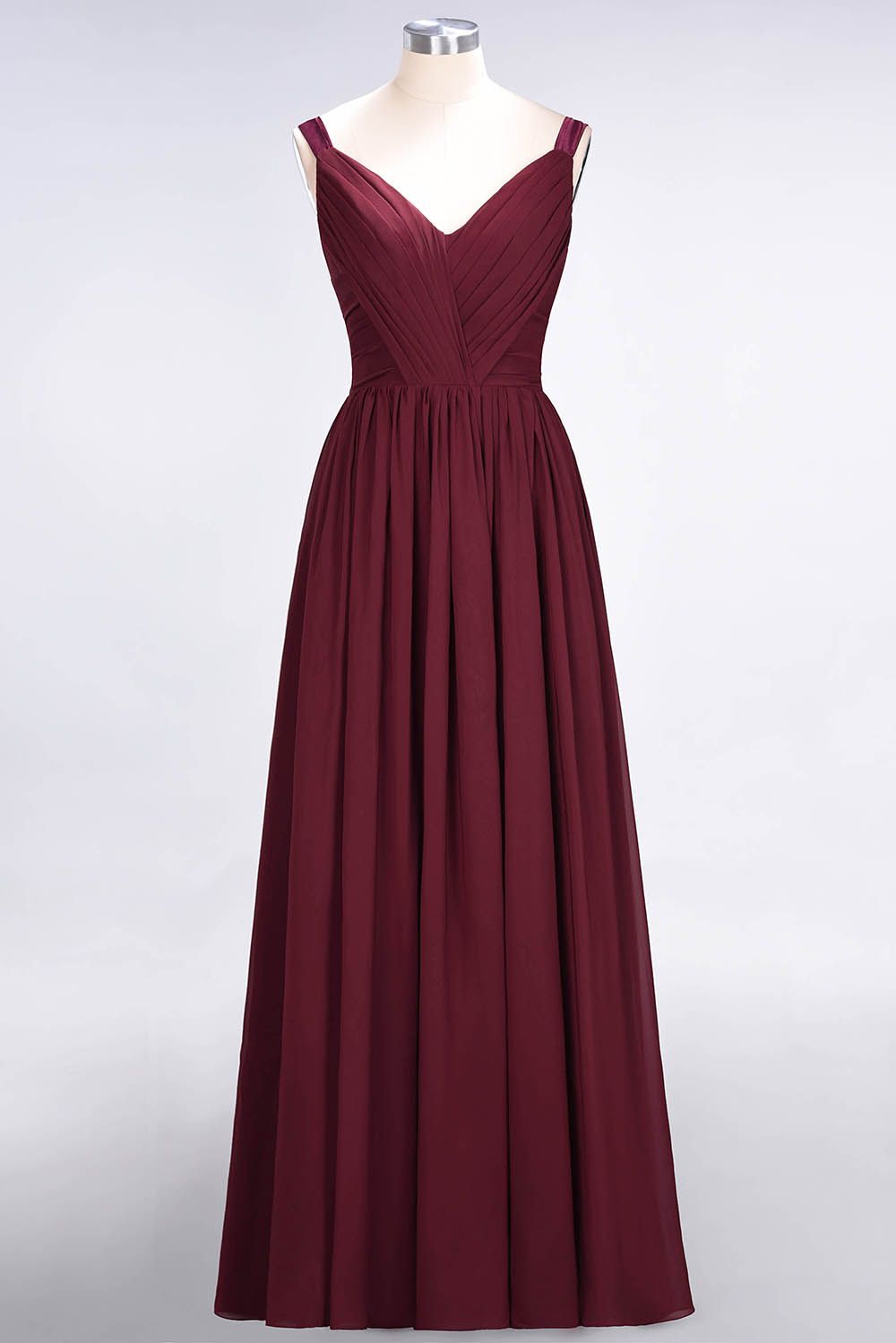 Chic V-Neck Straps Ruffle Burgundy Bridesmaid Dresses with Bow Sash-Babyonlines