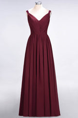 Chic V-Neck Straps Ruffle Burgundy Bridesmaid Dresses with Bow Sash-Babyonlines