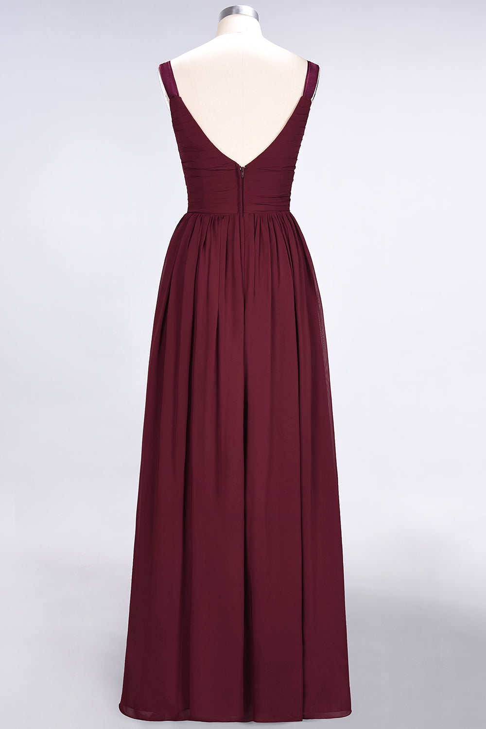 Chic V-Neck Straps Ruffle Burgundy Bridesmaid Dresses with Bow Sash-Babyonlines