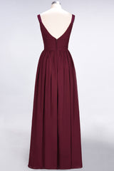 Chic V-Neck Straps Ruffle Burgundy Bridesmaid Dresses with Bow Sash-Babyonlines
