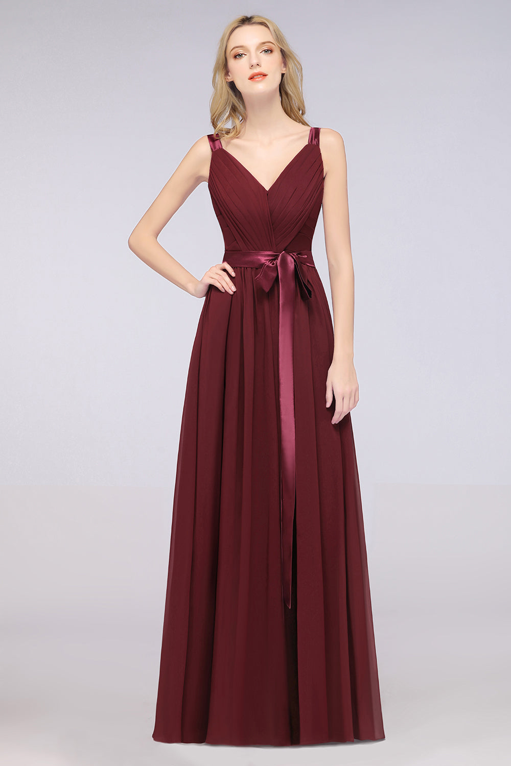 Chic V-Neck Straps Ruffle Burgundy Bridesmaid Dresses with Bow Sash-Babyonlines