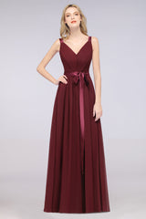 Chic V-Neck Straps Ruffle Burgundy Bridesmaid Dresses with Bow Sash-Babyonlines