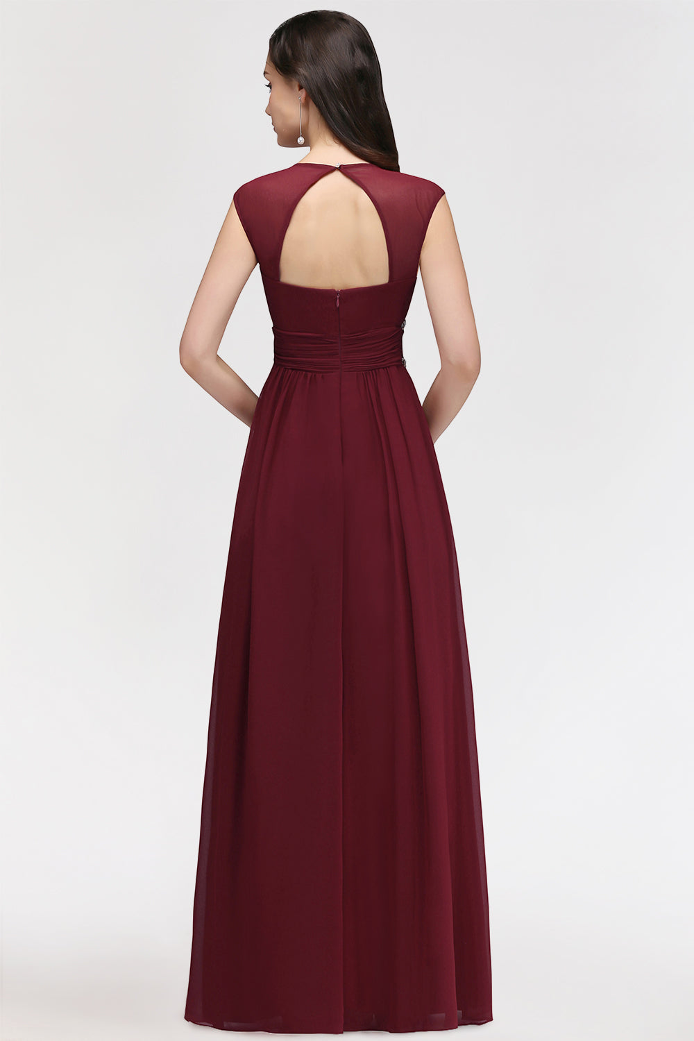 Chiffon Burgundy V-Neck Cap Sleeve Bridesmaid Dress with Beadings-Babyonlines