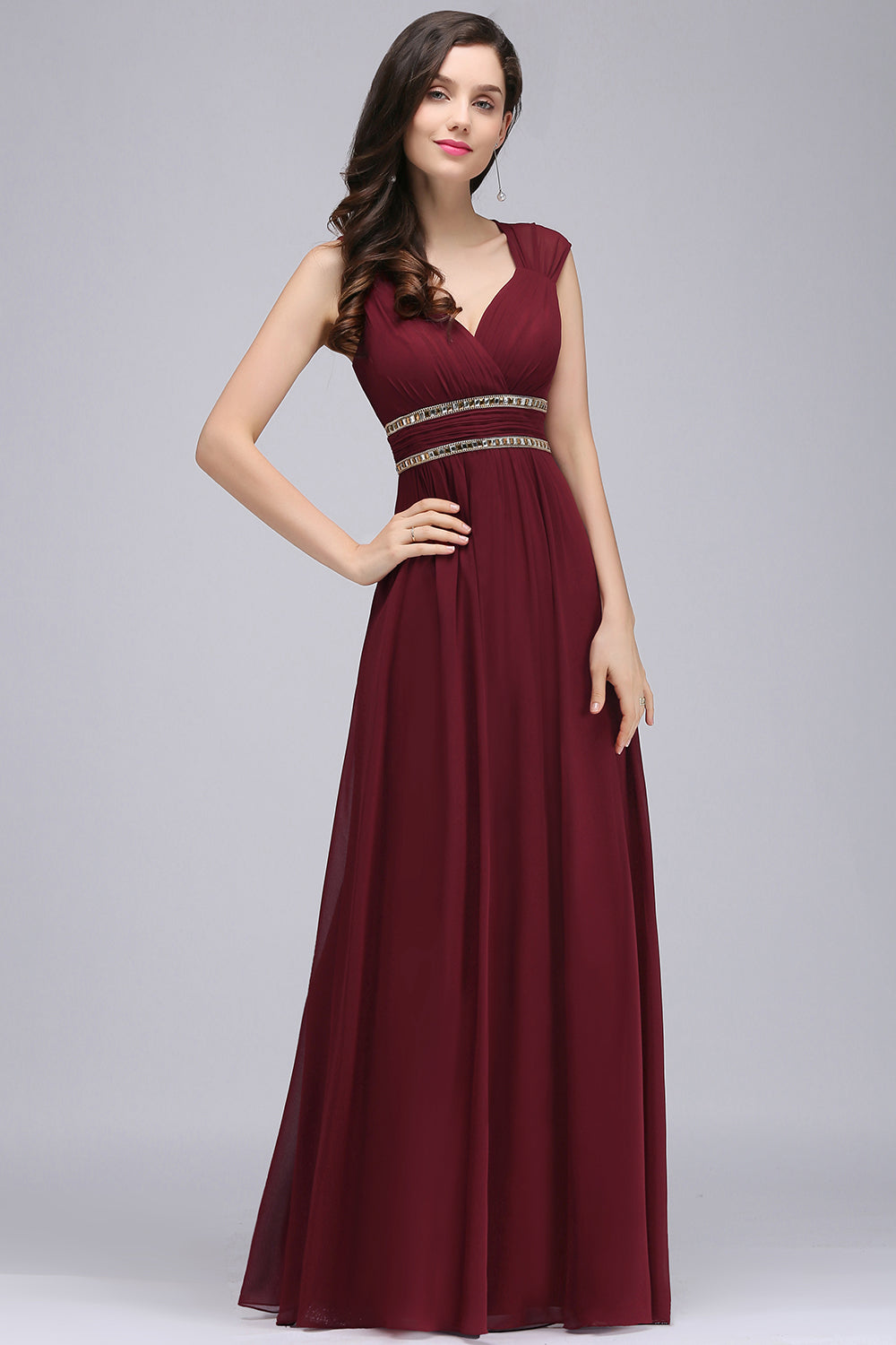 Chiffon Burgundy V-Neck Cap Sleeve Bridesmaid Dress with Beadings-Babyonlines