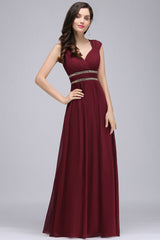Chiffon Burgundy V-Neck Cap Sleeve Bridesmaid Dress with Beadings-Babyonlines