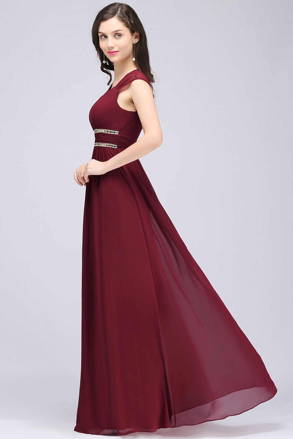 Chiffon Burgundy V-Neck Cap Sleeve Bridesmaid Dress with Beadings-Babyonlines