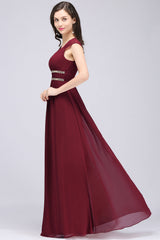 Chiffon Burgundy V-Neck Cap Sleeve Bridesmaid Dress with Beadings-Babyonlines