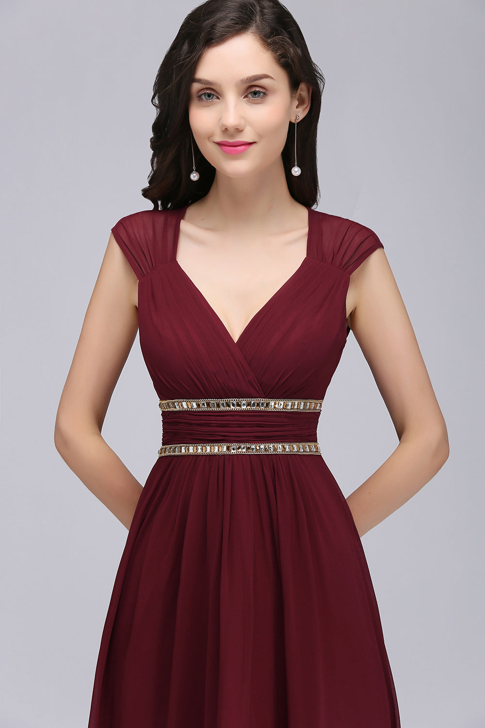 Chiffon Burgundy V-Neck Cap Sleeve Bridesmaid Dress with Beadings-Babyonlines