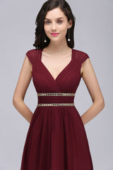 Chiffon Burgundy V-Neck Cap Sleeve Bridesmaid Dress with Beadings-Babyonlines