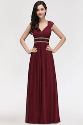Chiffon Burgundy V-Neck Cap Sleeve Bridesmaid Dress with Beadings-Babyonlines