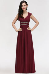 Chiffon Burgundy V-Neck Cap Sleeve Bridesmaid Dress with Beadings-Babyonlines