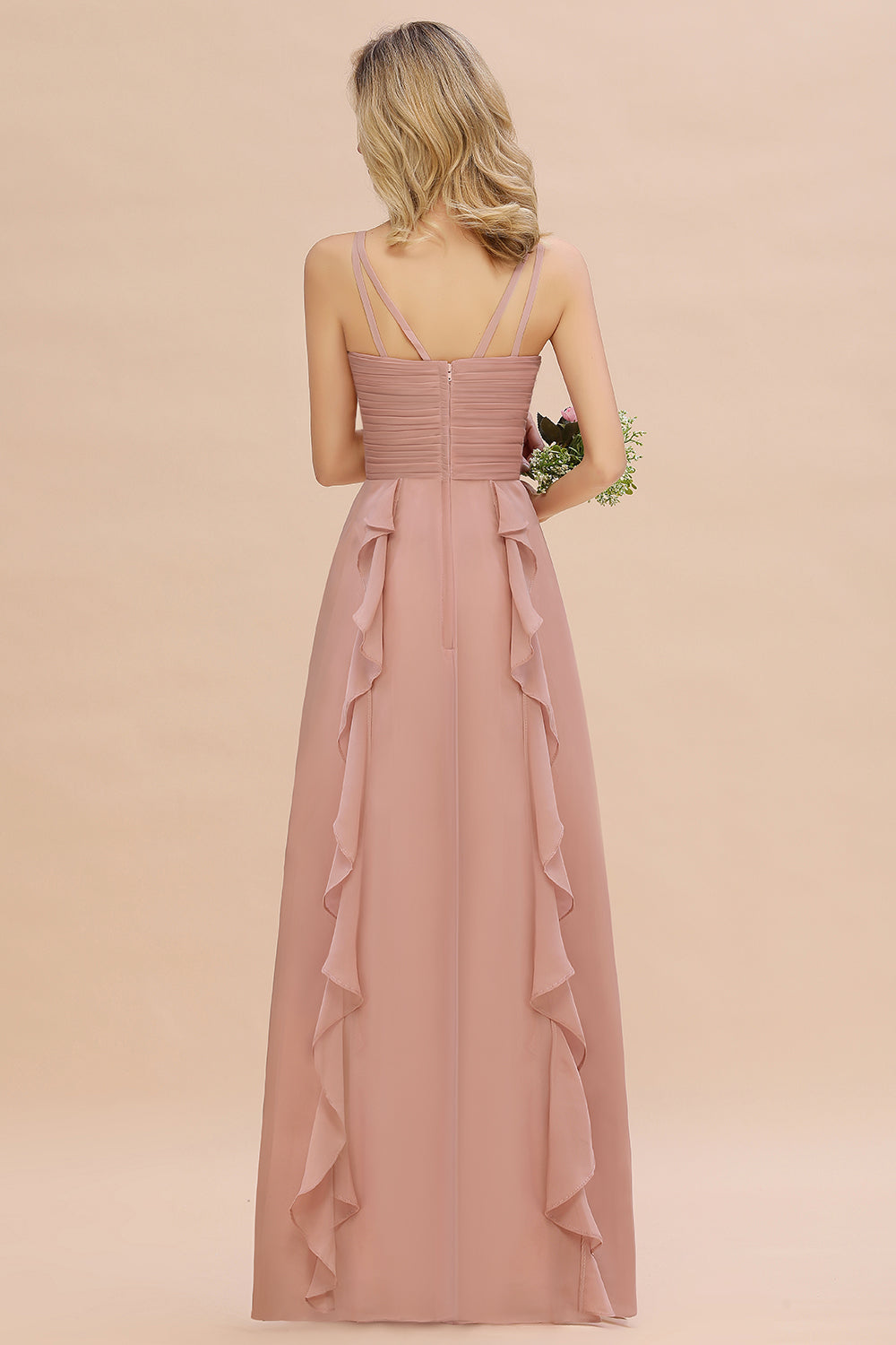 Chiffon Long Sleeveless Bridesmaid Dress with Cascading Ruffles-Babyonlines