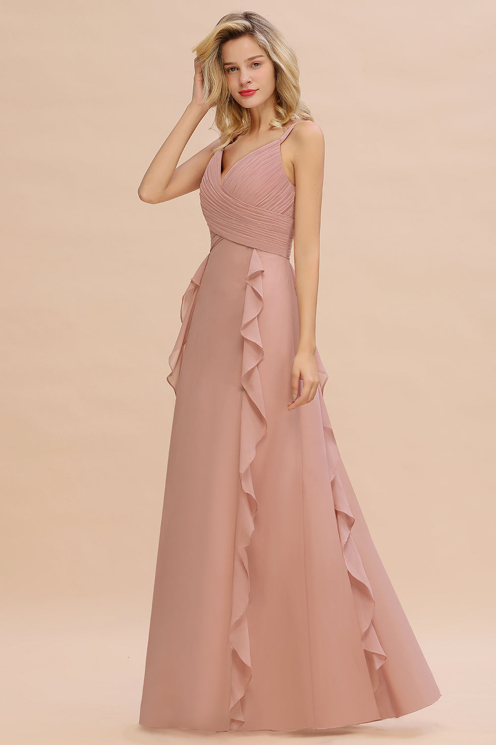 Chiffon Long Sleeveless Bridesmaid Dress with Cascading Ruffles-Babyonlines