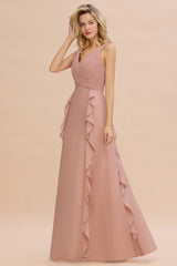 Chiffon Long Sleeveless Bridesmaid Dress with Cascading Ruffles-Babyonlines