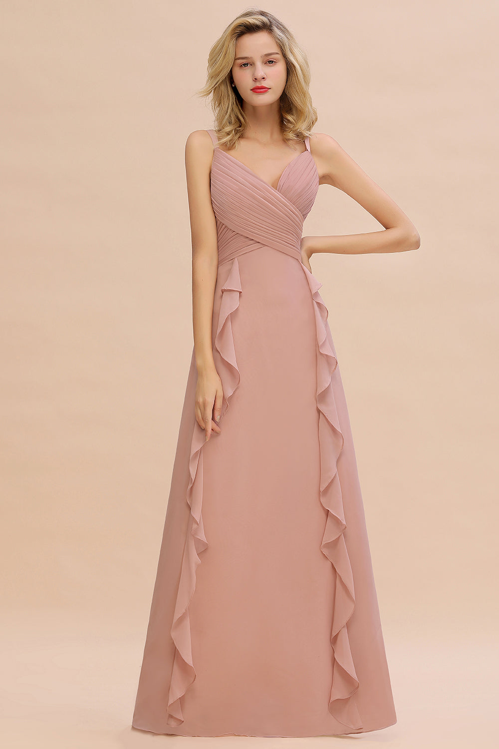 Chiffon Long Sleeveless Bridesmaid Dress with Cascading Ruffles-Babyonlines
