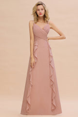 Chiffon Long Sleeveless Bridesmaid Dress with Cascading Ruffles-Babyonlines