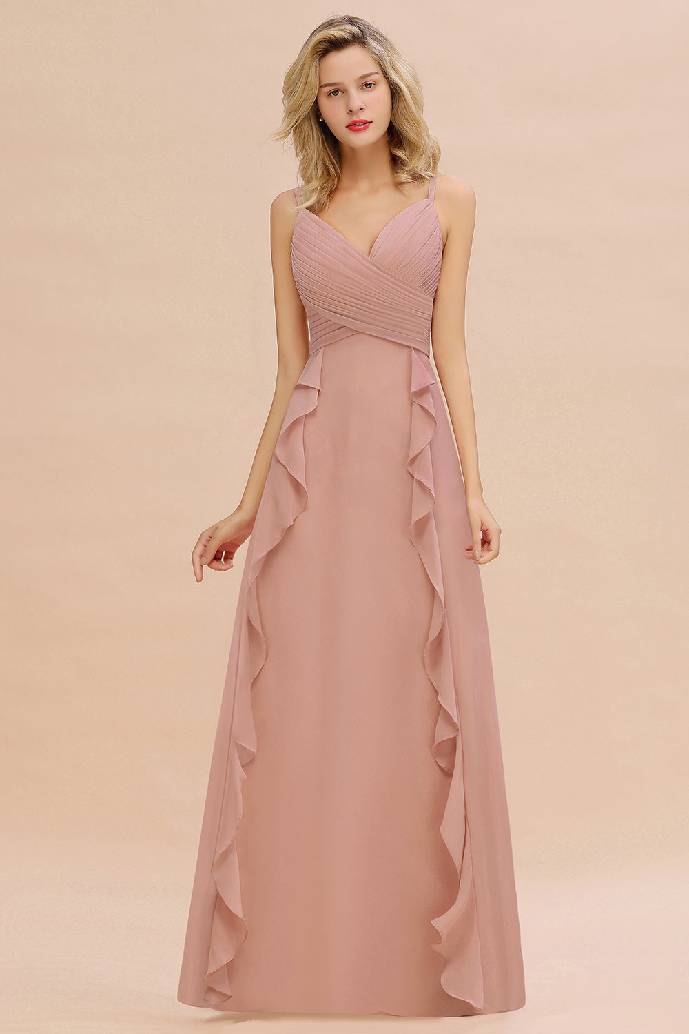 Chiffon Long Sleeveless Bridesmaid Dress with Cascading Ruffles-Babyonlines