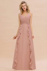 Chiffon Long Sleeveless Bridesmaid Dress with Cascading Ruffles-Babyonlines