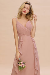 Chiffon Long Sleeveless Bridesmaid Dress with Cascading Ruffles-Babyonlines