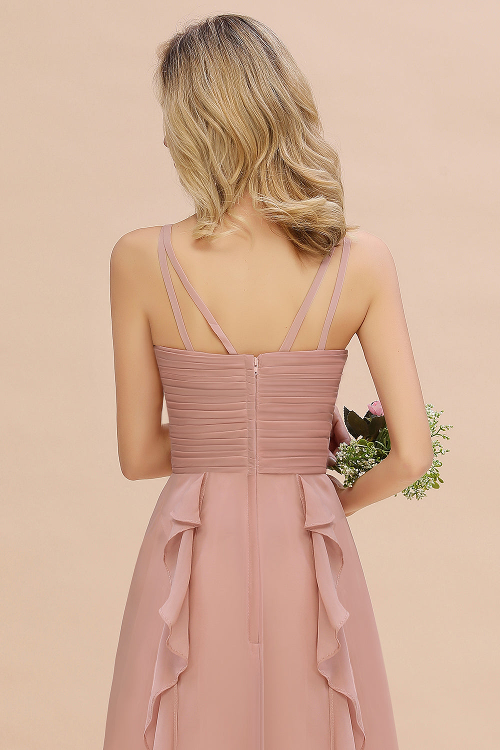 Chiffon Long Sleeveless Bridesmaid Dress with Cascading Ruffles-Babyonlines