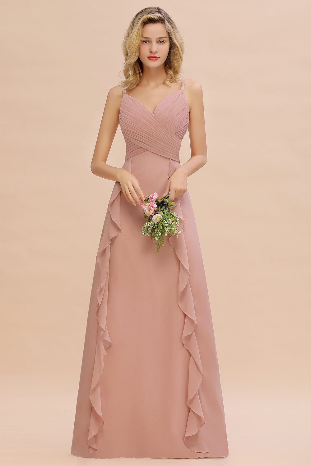 Chiffon Long Sleeveless Bridesmaid Dress with Cascading Ruffles-Babyonlines