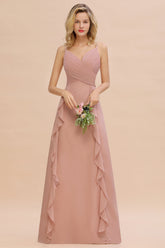 Chiffon Long Sleeveless Bridesmaid Dress with Cascading Ruffles-Babyonlines