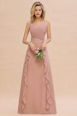 Chiffon Long Sleeveless Bridesmaid Dress with Cascading Ruffles-Babyonlines