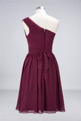 Chiffon One Shoulder Ruffle Short Burgundy Bridesmaid Dresses Online-Babyonlines