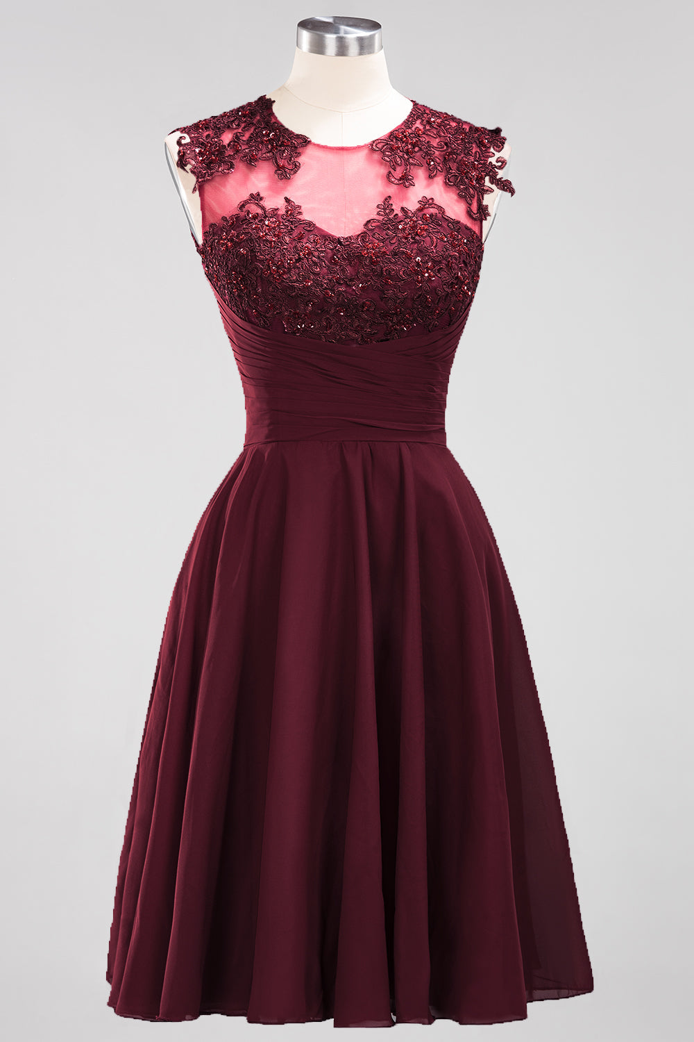 Cute Chiffon Round Neck Short Burgundy Bridesmaid Dresses with Appliques-Babyonlines
